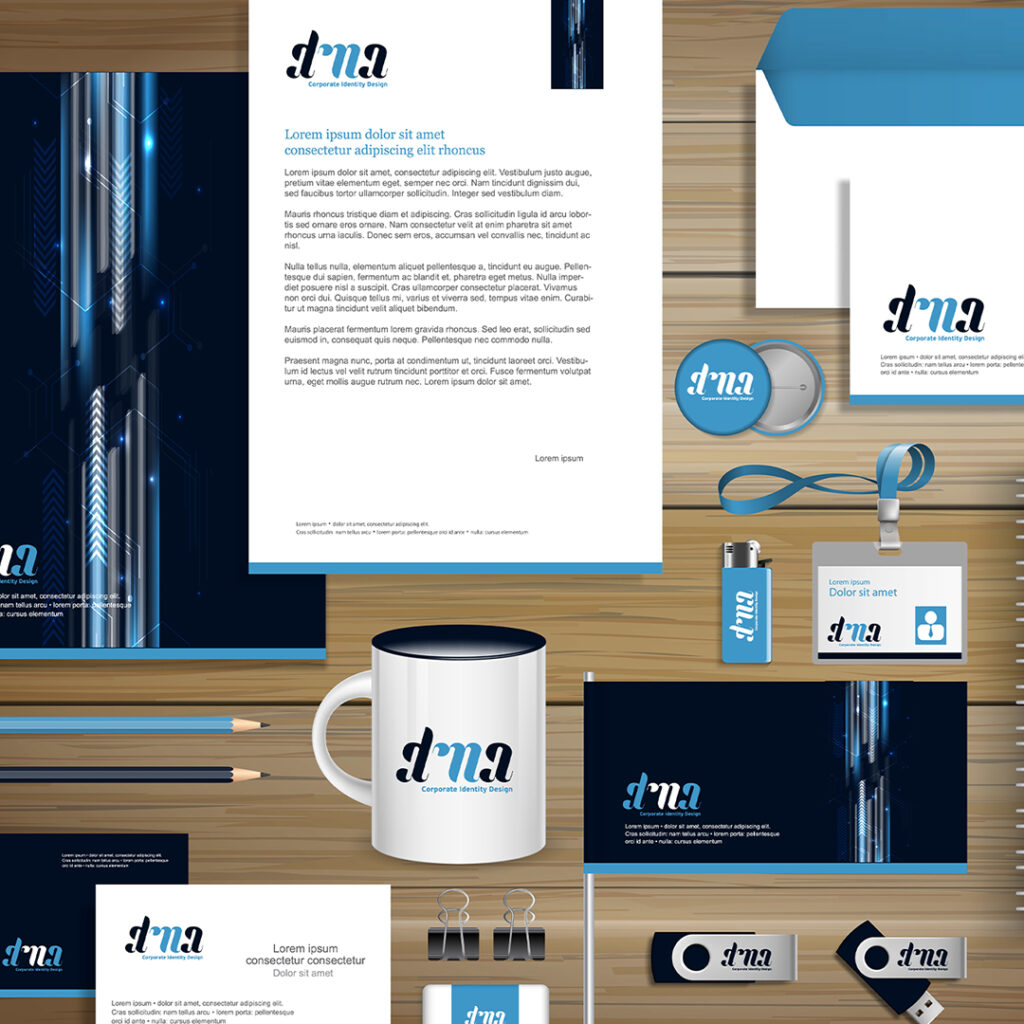 Digital illustration of promotional products with fake company logo. Products include sheets of paper, pens, USB memory sticks, and business cards.